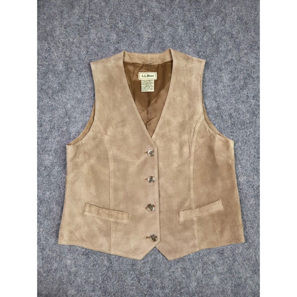 Vintage L.L. Bean Suede Leather Vest Womens M Tan Western Prairie Button Front